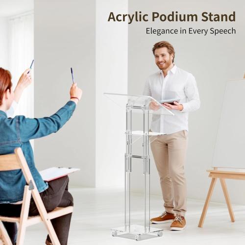 Acrylic Podium Stand Portable, Rolling Podium with Wheels, Clear Podium with Storage Shelf, Lockable Wheels, Adjustable Height pulpits for Churches, Classroom, Weddings, Speech