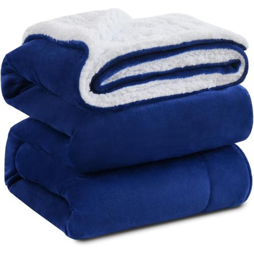 KAWAHOME Sherpa Fleece  Blanket for Bed - Extra Warm and Heavy Thick Blankets for Winter, Super Soft 500GSM Plush Blanket, Navy Blue
