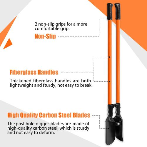 Post Hole Digger, Heavy Duty with Fiberglass Handle, Carbon Steel Blades, 58 Inches, Orange & Black