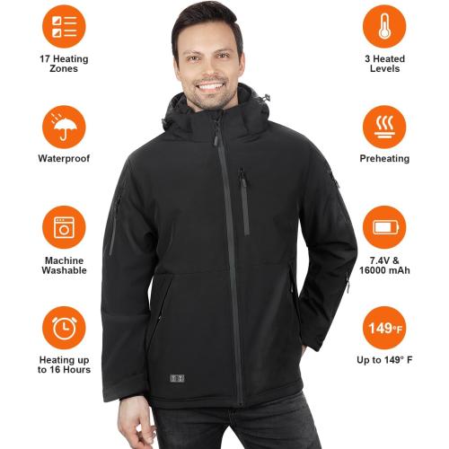 Heated Jacket for Men without Bαtterγ Pack, Winter Outdoor Soft Shell Electric Heating Coat with Detachable Hood size XL