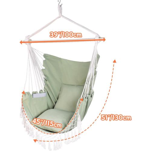 Hammock Chair Hanging Rope Swing Chair,Max 450 Lbs, Large Hanging Chair with Pocket, 2 Cushions, Steel Bar with Anti-Slip Rings, Hardware Kit Included, Comfortable for Indoor Outdoor (Green)