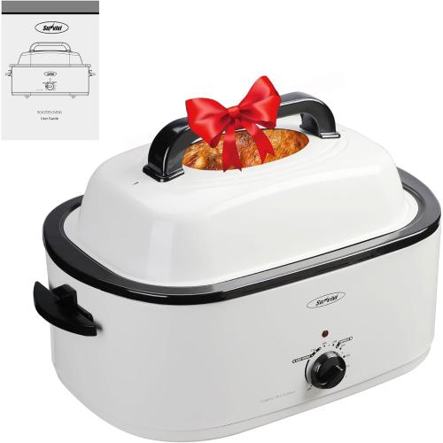 Sunvivi Roaster Oven, Electric Roaster Oven with Viewing Lid, 28lb 24-Quart Turkey Roaster with Unique Defrost/Warm Function, Large Roaster with Removable Pan & Rack, Stainless Steel, White