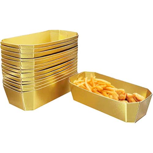 50PCS Gold Disposable Paper Food Boats - Heavy-Duty Trays for Serving Nachos, Hot Dogs, Snacks, BBQ, Parties & Festivals