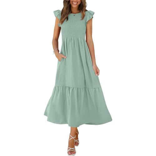 Size M  Women's Casual Maxi Dresses with Pockets Ruffle Sleeve Smocked Dresses