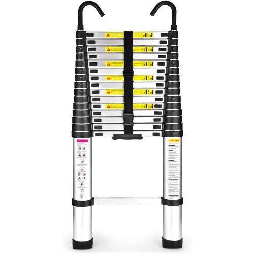 15.5 Ft Telescoping Ladder, SocTone Aluminum with Non-Slip Feet, 330lbs Max Capacity, Collapsible Ladder with Hooks for RV or Outdoor Work