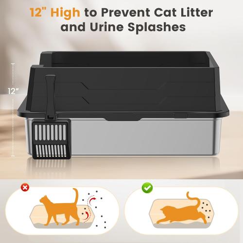 XXXL Stainless Steel Litter Box,Extra Large 28 L x 20 W Metal Litter Box for Big Cats & Multiple Cats with High Sided, Anti-Urine Leakage, Non-Sticky, Easy Cleaning, Include Scoop(Black)