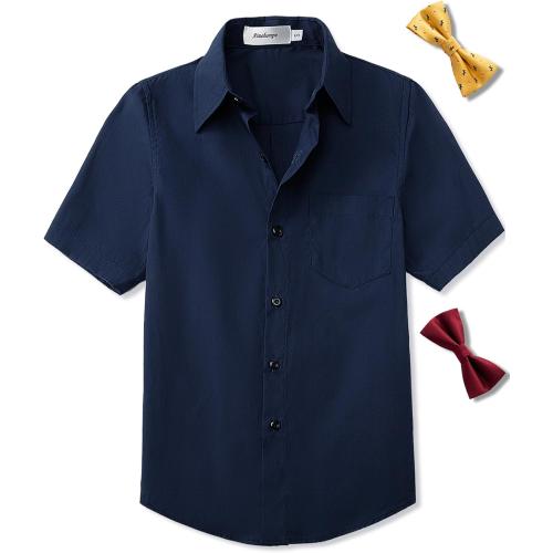 Size S....Boys Short Sleeve Dress Shirts Solid Poplin Soft Stretch Fabrics with Two Bow Tie Set