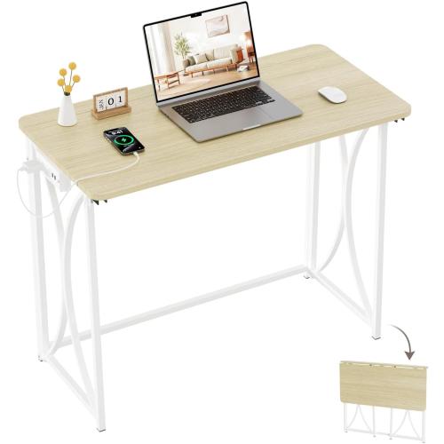 Folding Table, 31.5 Small Desk for Bedroom with Power Outlet, Space Saving Foldable Computer Desk for Home Office, Easy Assembly, Beige
