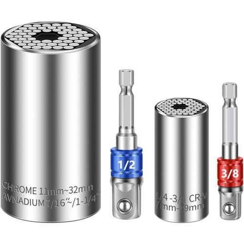 Universal Socket Set (7-19mm 11-32mm) Super Socket For Unscrew Any Bolt Tools with 3/8 1/2 Power Drill Adapters Super Sockets Multi-function Tool Gift for Dad, Husband and Men 4PCS