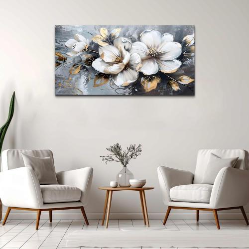 KELIYUAN Large Canvas Wall Art For Bedroom Wall Decor For Living Room Office Decorations Abstract White Flowers Paintings Pictures Artwork Modern Framed Posters Home Decor Ready To Hang 24x48