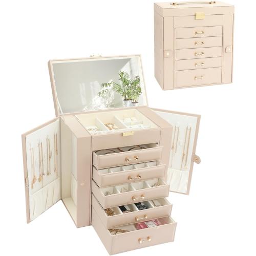 Jewelry Storage Box, Jewelry Organizer with 22 Necklace Hooks, Large Jewelry Box for Ring Bracelet Necklace Earrings (Apricot)