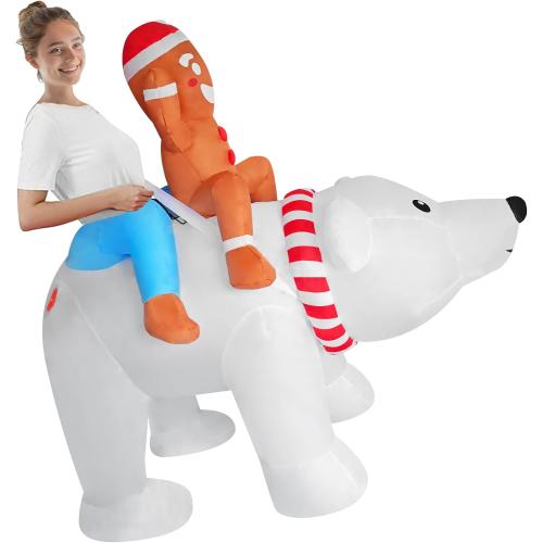 Funny Inflatable Gingerbread Man Riding On Polar Bear Costume Blow-Up Outfit for Adult/Christmas Parade/Halloween