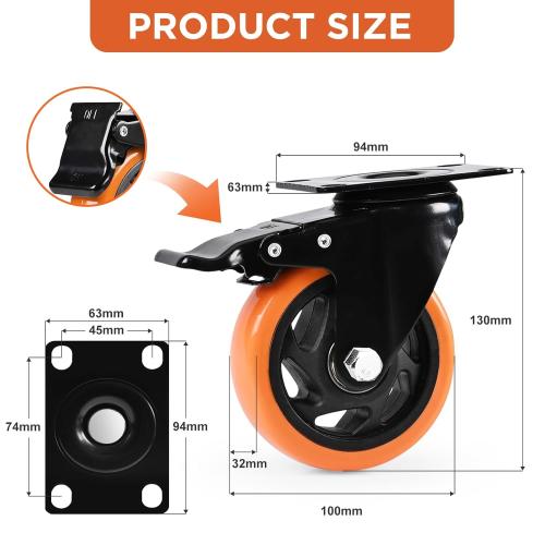Caster Wheels, Heavy Duty 4 Inch Casters Set of 4, Locking Swivel Casters Wheels for Cart, Furniture and Workbench, Orange