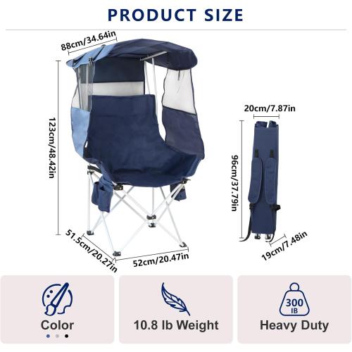 Folding Camping Chairs Canopy Outdoor: Sports Portable Beach Chair with Canopy-Lawn Beach Chairs with Umbrella for Adults-Camping Chair with Shade for Fishing Camp Heavy Duty (Regular, Navy Blue)