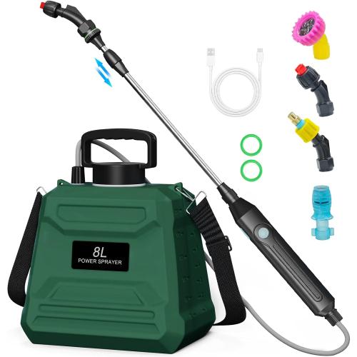 Battery Powered Sprayer 2 Gallon, 7.4V Powerful Electric Sprayer with 4 Nozzles, Rechargeable Handle with 36.22'' Retractable Wand, Adjustable Shoulder Strap, Weed Sprayers in Lawn Garden Yard (Green) - missing some accessories
