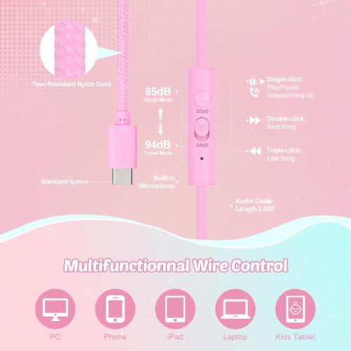 QearFun USB C Kids Cat Ear Wired Headphones with Mic, 85/94dB Volume Limit
