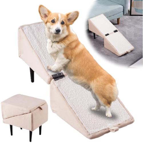 Color beige Dog Ramp for Couch, 2-in-1 Convertible Wooden Home Step Stool Dog Ramp Stairs, Doggie Ramp for Dogs Cats Or Pets Footrest