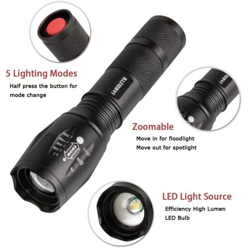 JARDLITE LED Emergency Handheld Flashlight, 4 Pack, Adjustable Focus, Water Resistant with 5 Modes, Best Tactical Torch for Hurricane, Camping, Dog Walking