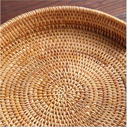 YANGQIHOME Rattan Round Serving Tray, Decorative Coffee Table Tray, Hand Woven Serving Basket with Handles, Ottoman Wicker Fruit/Bread Serving Basket, 13.8 inch