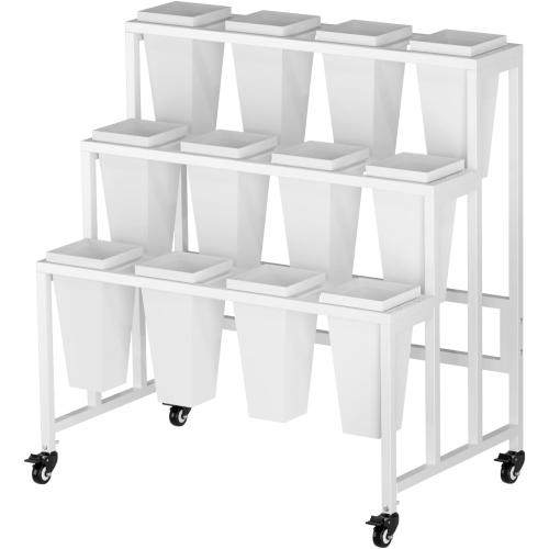 Flower Display Stand with 12 Buckets, 3 Layers Flower Bar, White Metal Plant Stand with Wheels, Heavy Duty Flower Cart for Indoor Outdoor Patio Garden Wedding Florist, White Metal Frame