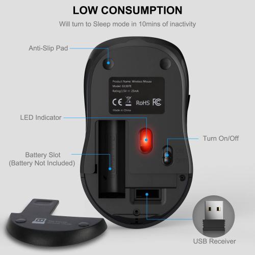 WisFox 2.4G Wireless Mouse for Laptop, Ergonomic Computer Mouse with USB Receiver and 3 Adjustable Levels, 6 Button Wireless Mice for Windows Mac PC Notebook (Grey)