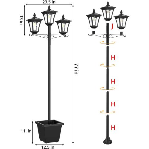 3-Head Solar Lamp Post Light, 77 Metal Outdoor Lamp Post, 200 Lumens Waterproof Solar Outdoor Lights for Garden Driveway Backyard Porch Lawn