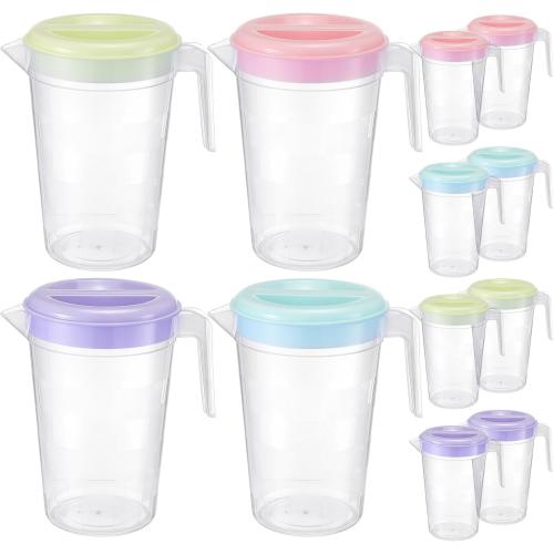 8 Pcs Plastic Pitcher with Lid & Handle, 2Qt Clear Water Pitcher Set, Round Beverage Pitchers with Easy Pour Spout for Water, Iced Tea, Party, Picnic, Camping and Home (4 Colors)