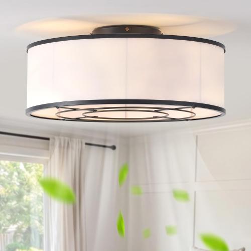 Low Profile Ceiling Fans with Lights, 20 Black Boho Ceiling Fan with Light Flush Mount and Remote Control, Drum Caged with 6 Speeds for Bedroom, Nursery, Living Room