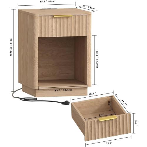 Akxomel Fluted Nightstands Set of 2, Wooden Night Stand with Charging Station and LED Light, Modern Mid Century Bed Side End Table with Drawer, 15 D x 15.7 W x 22.6 H, for Bedroom, Natural Oak