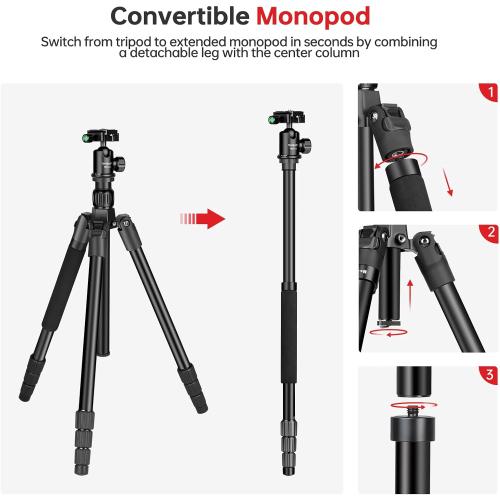 TONYBOO 61.5 Camera Tripod, Aluminum Tripod Monopod with Arca Swiss Ball Head, Heavy Duty Lightweight Reversible Travel Tripod for DSLR Mirrorless Camcorders Phone, Max Load 22 lbs