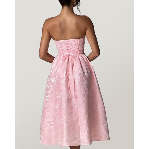 Jacquard Satin Prom Dresses Tea Length Sleeveless Tube Top Strapless Formal Evening Party Gowns