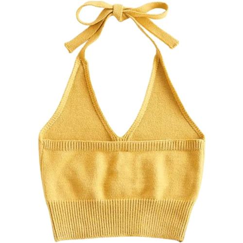 Size medium Langwyqu Women's Wool Spaghetti Strap Sexy V Neck Sweet Cut Crop Top Camisole Yellow