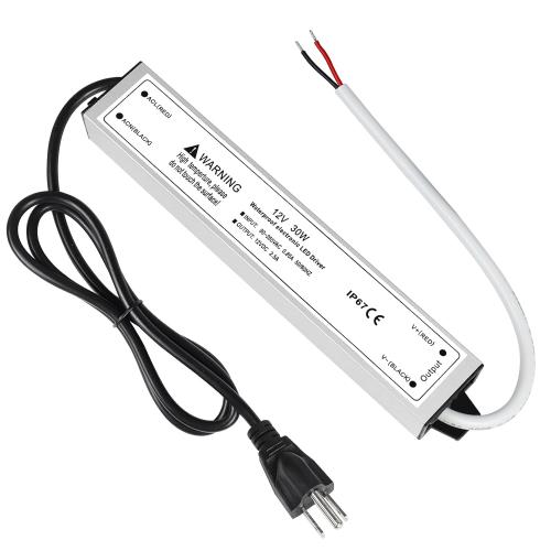 LightingWill LED Driver 30 Watts Waterproof IP67 Power Supply Transformer, 90-265V AC to 12V DC Low Voltage Output, Adapter with 3-Prong Plug 3.3 Feet Cable for Outdoor Use, Computer Project