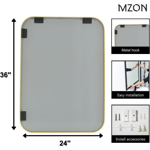 MZON 24x36 Inch Gold Bathroom Mirror – Brushed Gold Rectangular Vanity Mirror, Wall-Mounted, Anti-Rust Metal Frame, Tempered Glass, Vertical & Horizontal Hanging