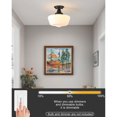 Schoolhouse Light Fixture, 12 Inch Black Finish with Milk Glass Semi Flush Mount Ceiling Light, Ceiling Light Fixture for Kitchen Hallway Entryway