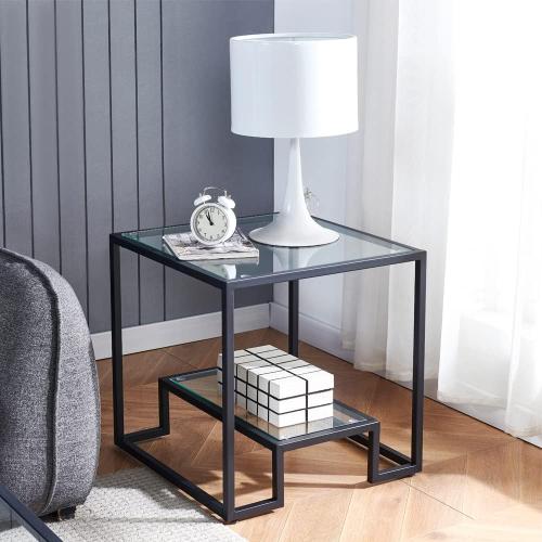 Black Metal Glass Coffee Table - Simple Center Coffee Table for Living Room Home, Metal Frame Coffee Table with 2 Shelves,Modern Table for Bedroom, Dinning Room,Office Décor