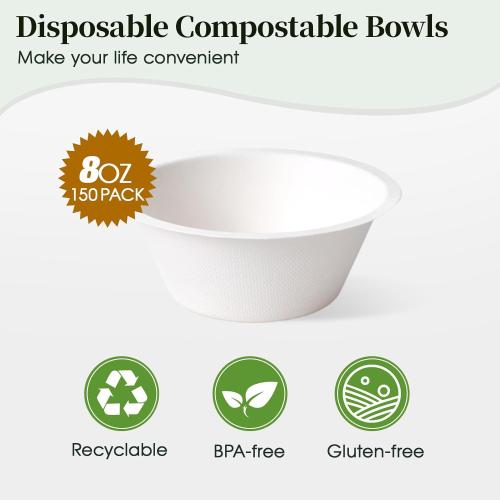 ECOLipak 150 Pack Compostable Paper Bowls, 8 oz Heavy-Duty Disposable Biodegradable Soup Bowls Made of Natural Bagasse, Suitable for Ice Cream, Salad, Dessert, Milk, Cereals