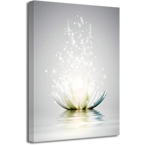 LZIMU Zen Canvas Wall Art White Lotus Flower Bloom in Water Picture Prints Wall Decor Framed Grey Painting for Yoga Spa Meditation Spiritual Room Decor (12x18in (30x45cm), Zen Artwork-3)