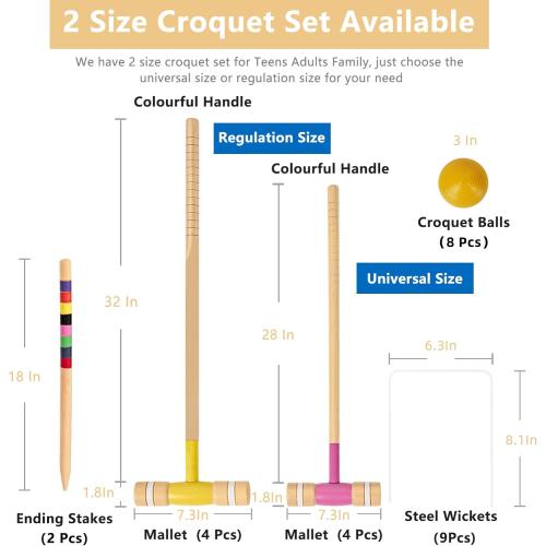 8 Players Croquet Set with 32In Regulation | 28In Standard Size Rubber Wood Mallets, Colored PE Ball, Wickets, 21In End Stakes - Lawn Backyard Game Kit for Teens/Adults/Family