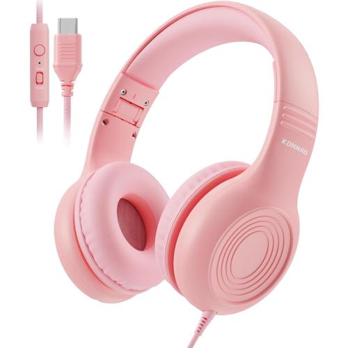 Upgrade USB Type C Kids Headphones, Wired Headphones for Kids with Microphone for Boys Girls, Adjustable 85dB/94dB Volume Limited (Pink)