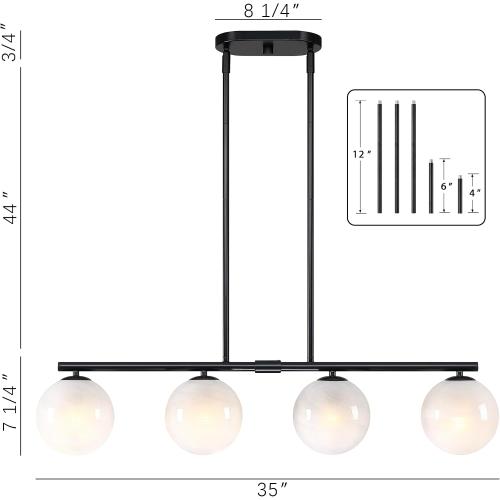 Black Mid Century Globe Sputnik Chandelier Black Island Light Linear Chandelier Milky Art Glass Shade Globe Pendant Light Fixture for Bedroom Living Room Hallway Dining Room Kitchen T720604L-BK