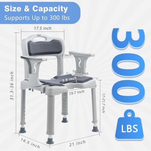 Shower Chair for Narrow Bathroom, Bath Stool for Elderly Disabled Adults, with Arms Back Cushion & Seat Cutout, 300 lbs Capacity, Fits 5ft Standard Tub and Small Shower Stall (Grey, Standard)