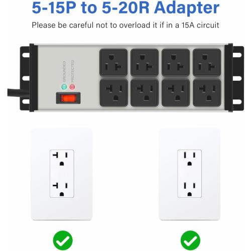 CCCEI Heavy Duty Power Strip Surge Protector 20 AMP, 8 Outlets 12 Gauge Industrial Shop Garage Metal Multiple Outlets, 6 FT Extension Cord 5-15P Adapter High Amp 6-20R T-Slot 20a for Appliance