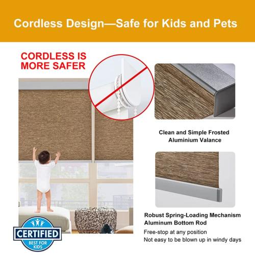 Persilux Cordless Roller Blinds - Light Filtering, Free-Stop, Thermal Insulation for Windows (Brown, 32 W x 72 H) Natural Woven Fabric Privacy Shades for Home, Office