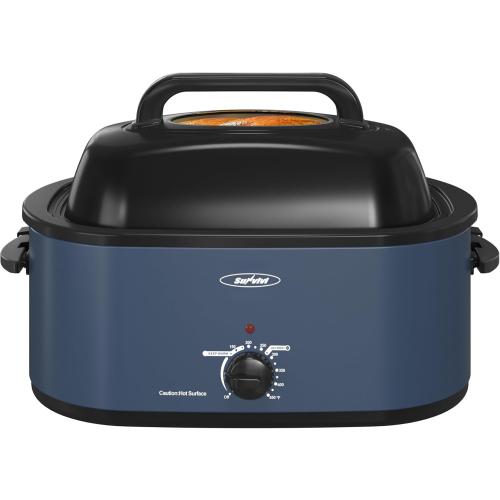 Sunvivi Roaster Oven, Electric Roaster Oven with Viewing Lid, 28lb 24-Quart Turkey Roaster with Unique Defrost/Warm Function, Large Roaster with Removable Pan & Rack, Stainless Steel, Blue