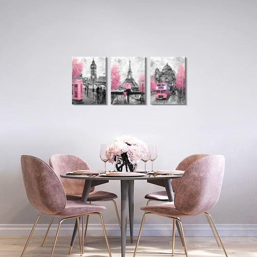 CANVASZON Pink and Gray Paris Wall Art Paris Decor for Bedroom Bathroom Girls Room Wall Decor Paris Pictures Rustic Black and White Print Art for Walls 3 Pieces Ready to Hang