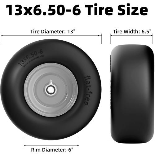 13x6.50-6 Lawn Mower Tires Flat Free, Zero Turn Mower Front Tires for Residential and Commercial, 13x6.5-6 Flat Free Tire and Wheel, 3/4 & 5/8 Bearing, 3.25-7.65 Center Hub, 2Pack Gray
