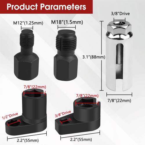 5PCS O2 Oxygen Sensor Socket Set, 3/8 in Drive, 7/8 in (22mm), Premium Removal Tool with Thread Chasers & Offset Wrenches, Heavy-Duty Automotive Kit for Easy Installation & Repair