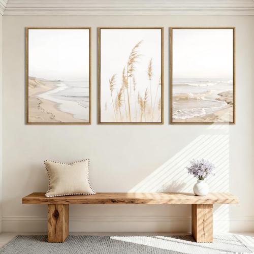 HPNIUB Modern Beach Artwork Seascape Wall Art, Seaside Framed Painting Reed Pathway Picture, Minimalist Neutral Coastal Landscape Wall Decor for Living Room,Bathroom -16'' x24'' x3