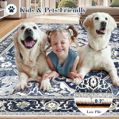 5x7 Blue Boho Area Rug Washable Non-Slip - Low Pile Farmhouse Living Room Bedroom Rug - Machine Washable Medium Indoor Carpet with TPE Backing, Vintage Easy Clean, Navy Blue Multi